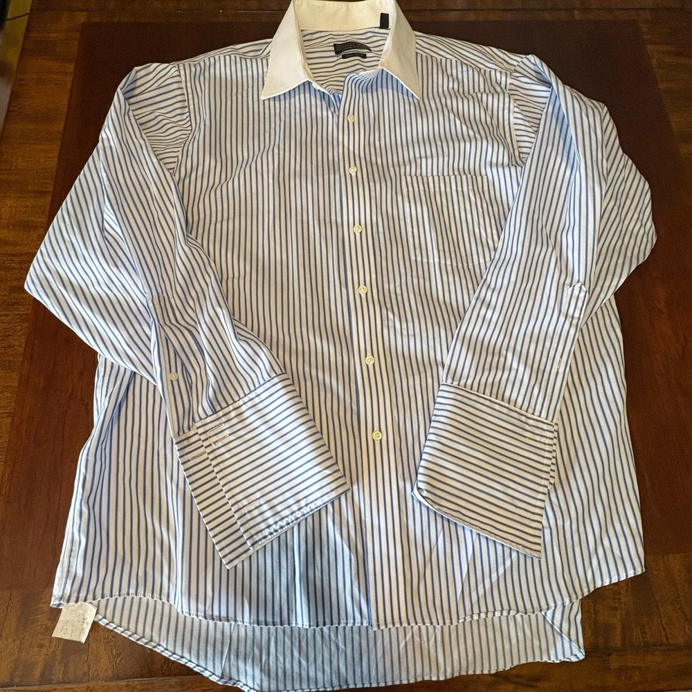 Donald J. Trump Signature Collection Blue White Stripe Dress Shirt Non Iron Clas